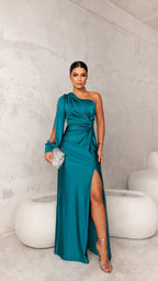 Women's One Shoulder Maxi Dress | Long Sleeve High Slit Satin Wedding Gown