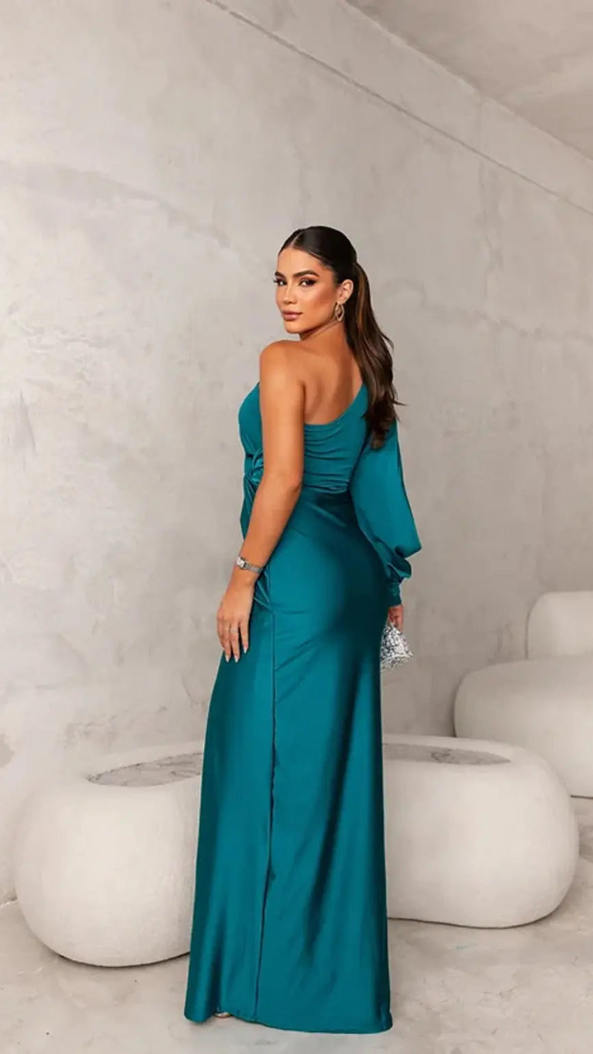 Women's One Shoulder Maxi Dress | Long Sleeve High Slit Satin Wedding Gown