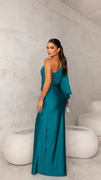 Women's One Shoulder Maxi Dress | Long Sleeve High Slit Satin Wedding Gown