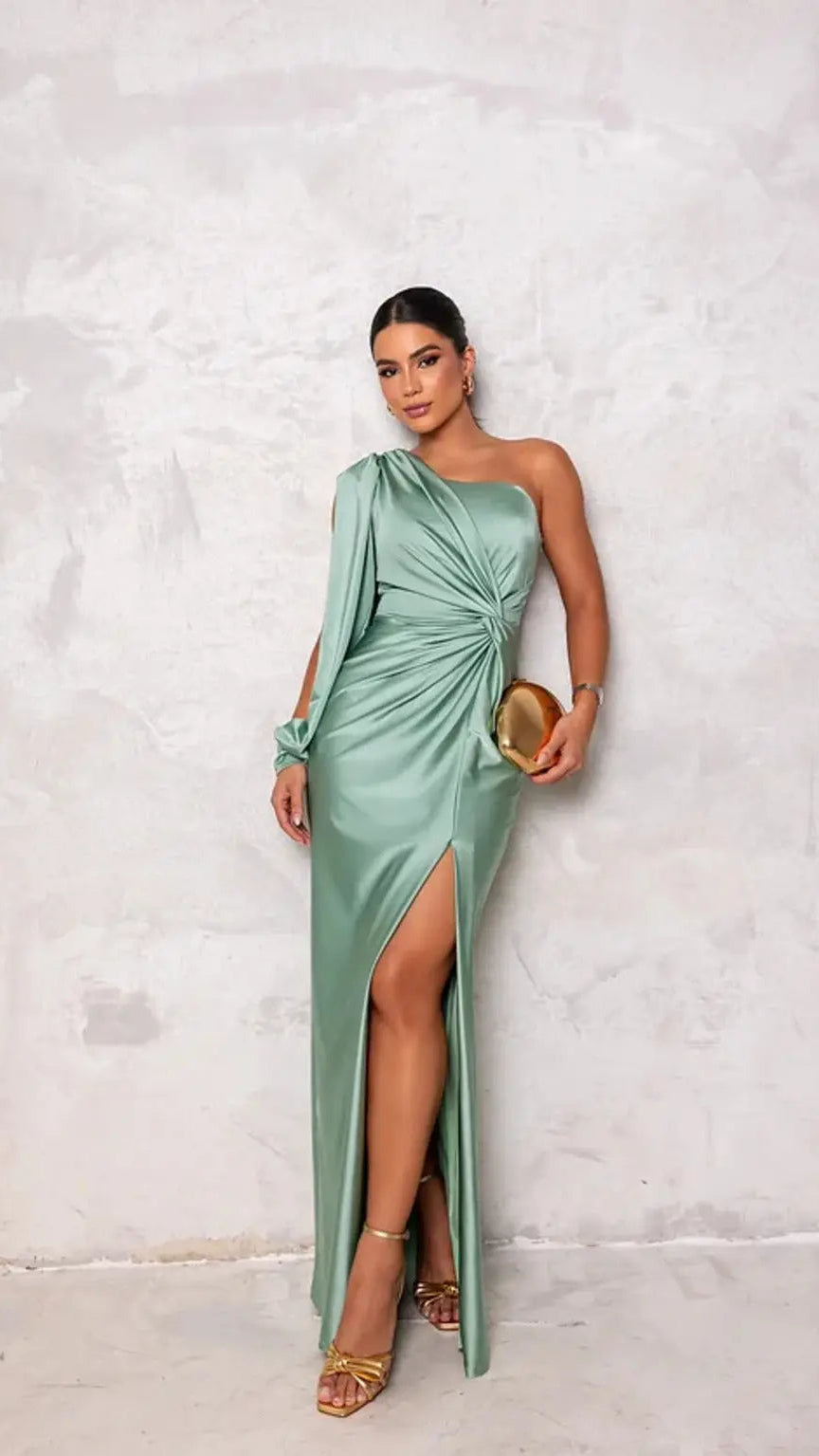 Women's One Shoulder Maxi Dress | Long Sleeve High Slit Satin Wedding Gown