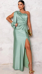 Women's One Shoulder Maxi Dress | Long Sleeve High Slit Satin Wedding Gown