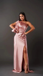 Women's One Shoulder Maxi Dress | Long Sleeve High Slit Satin Wedding Gown