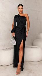 Women's One Shoulder Maxi Dress | Long Sleeve High Slit Satin Wedding Gown