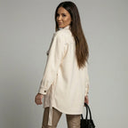 Women's Oversized Collared Jacket with Button Front and Patch Pockets