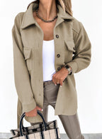 Women's Oversized Collared Jacket with Button Front and Patch Pockets