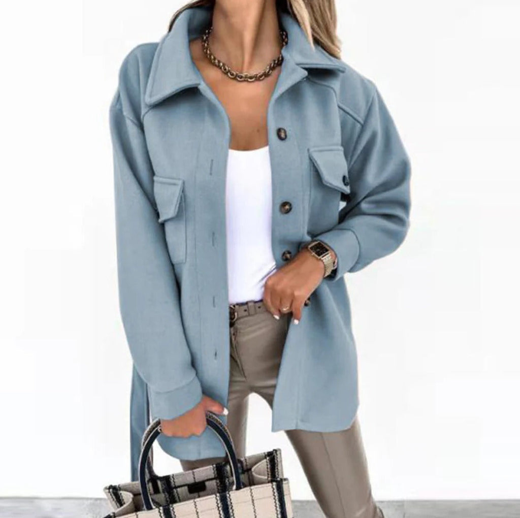 Women's Oversized Collared Jacket with Button Front and Patch Pockets
