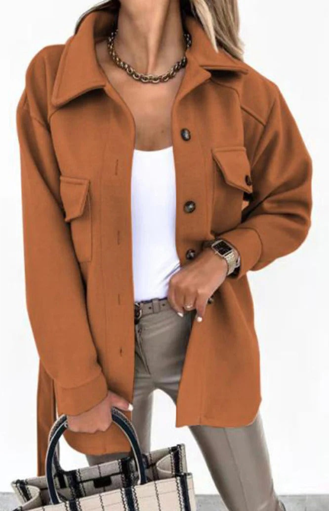 Women's Oversized Collared Jacket with Button Front and Patch Pockets