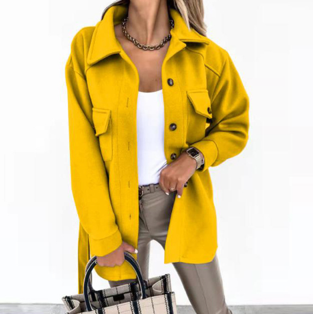 Women's Oversized Collared Jacket with Button Front and Patch Pockets