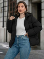 Women's Padded Hooded Puffer Jacket with Zip Front and Pockets