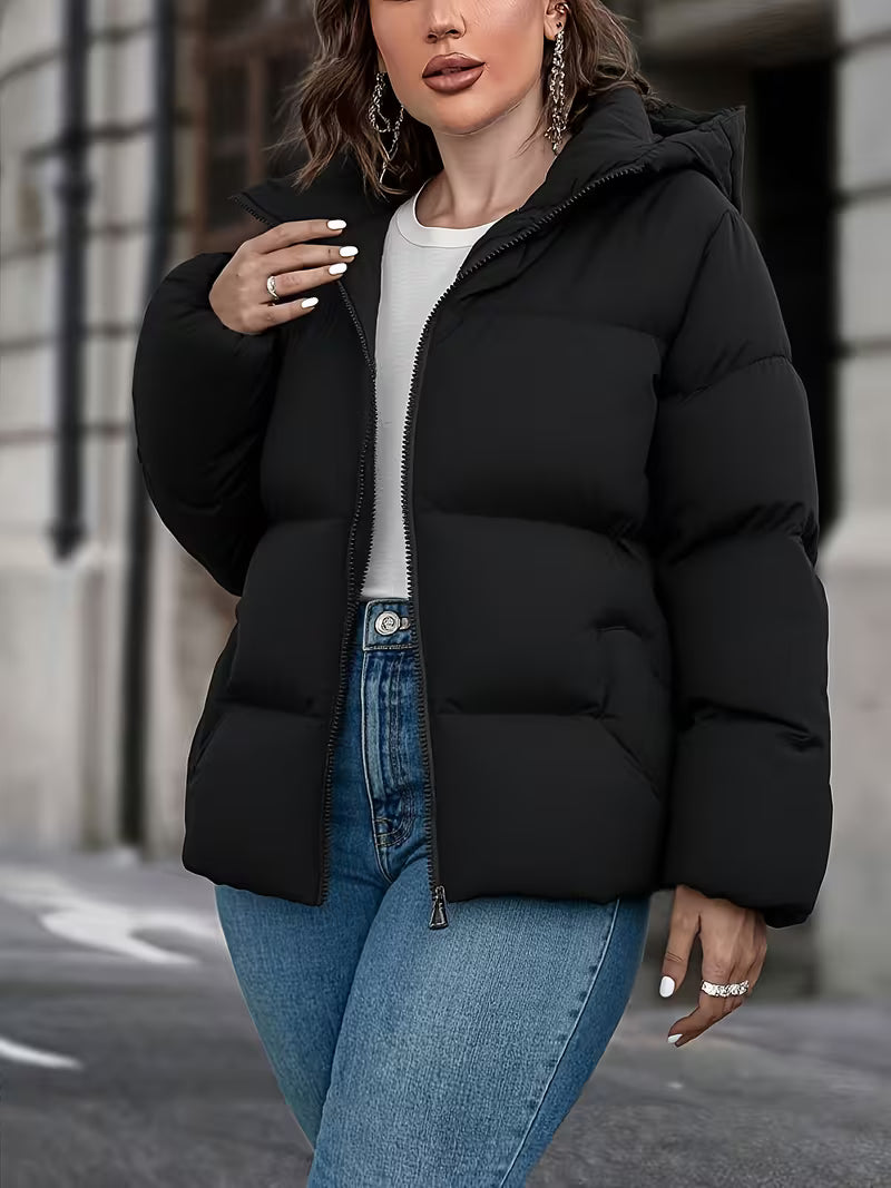 Women's Padded Hooded Puffer Jacket with Zip Front and Pockets