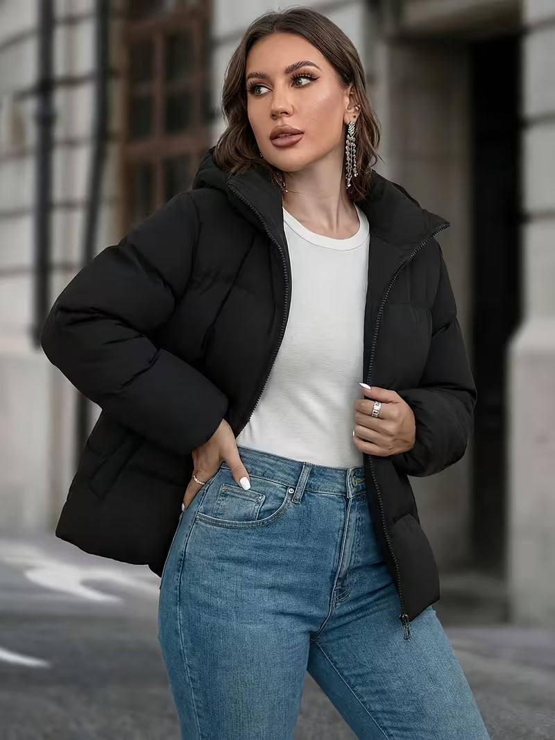Women's Padded Hooded Puffer Jacket with Zip Front and Pockets