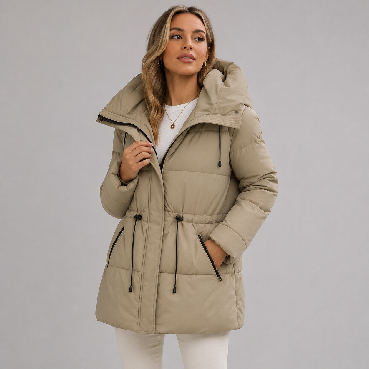 Women's Hooded Padded Puffer Jacket with Drawstring Waist