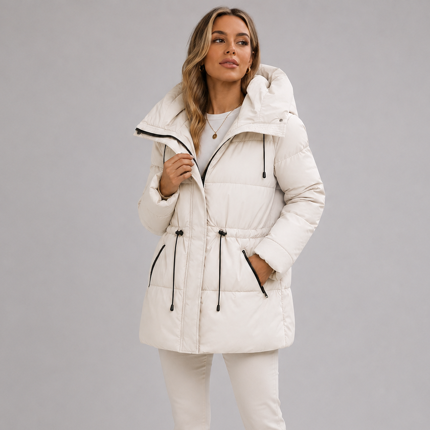 Women's Hooded Padded Puffer Jacket with Drawstring Waist