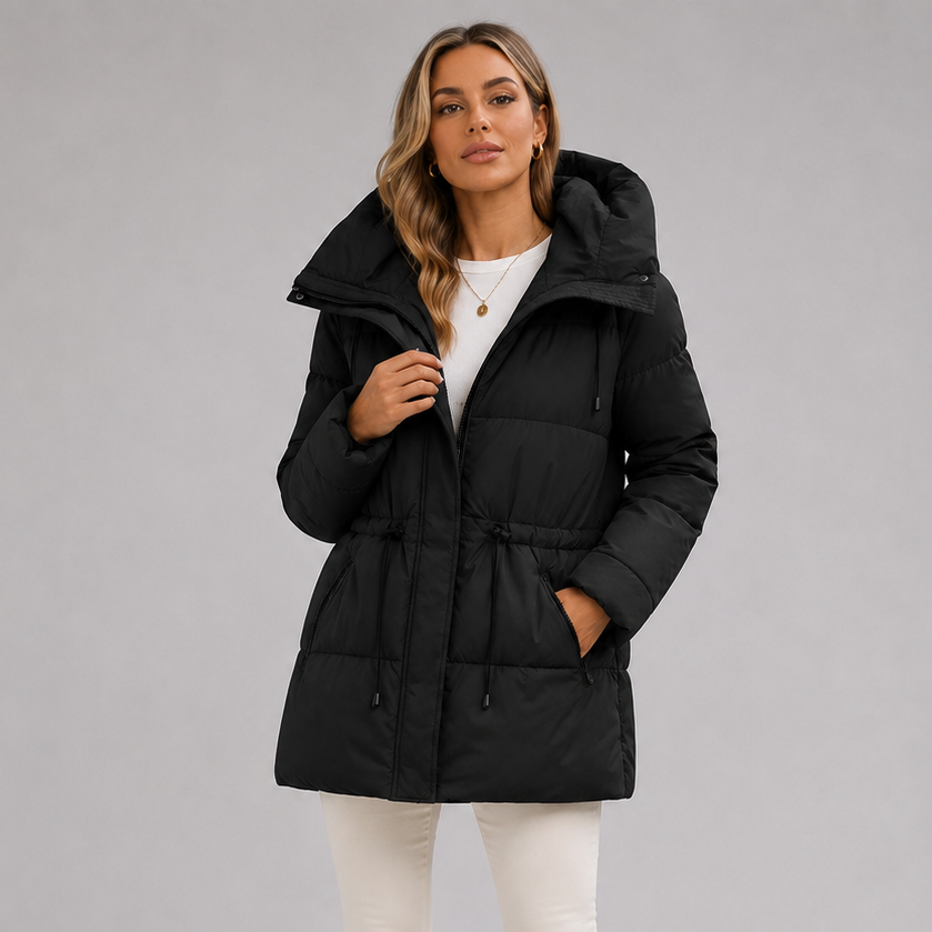 Women's Hooded Padded Puffer Jacket with Drawstring Waist