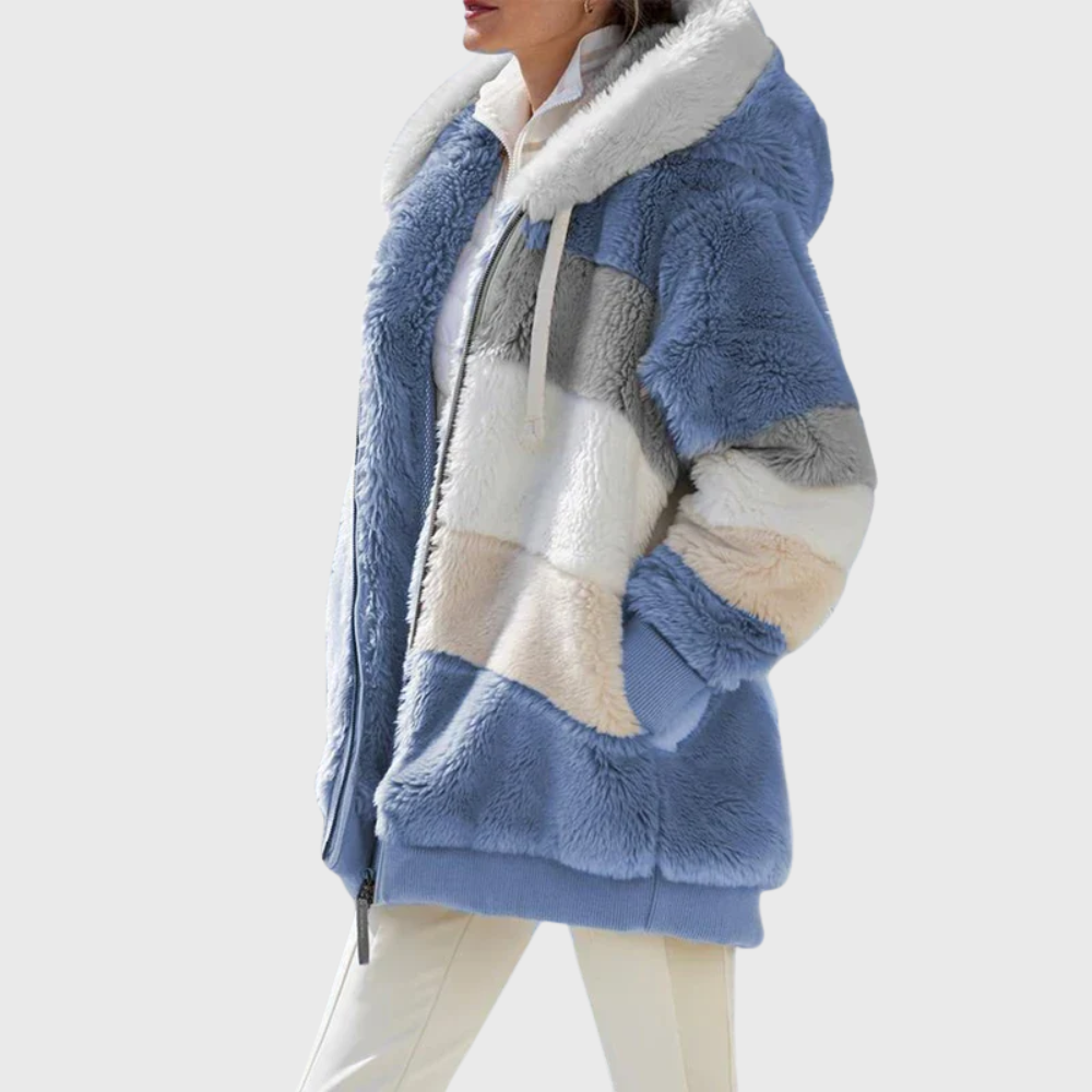 Women's Oversized Colourblock Teddy Fleece Jacket with Hood