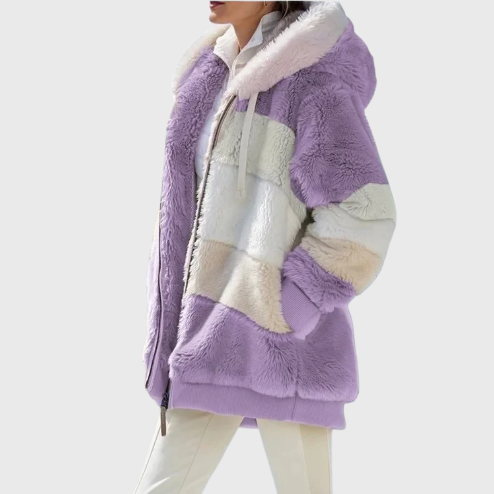 Women's Oversized Colourblock Teddy Fleece Jacket with Hood