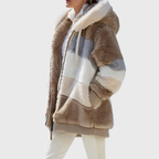 Women's Oversized Colourblock Teddy Fleece Jacket with Hood
