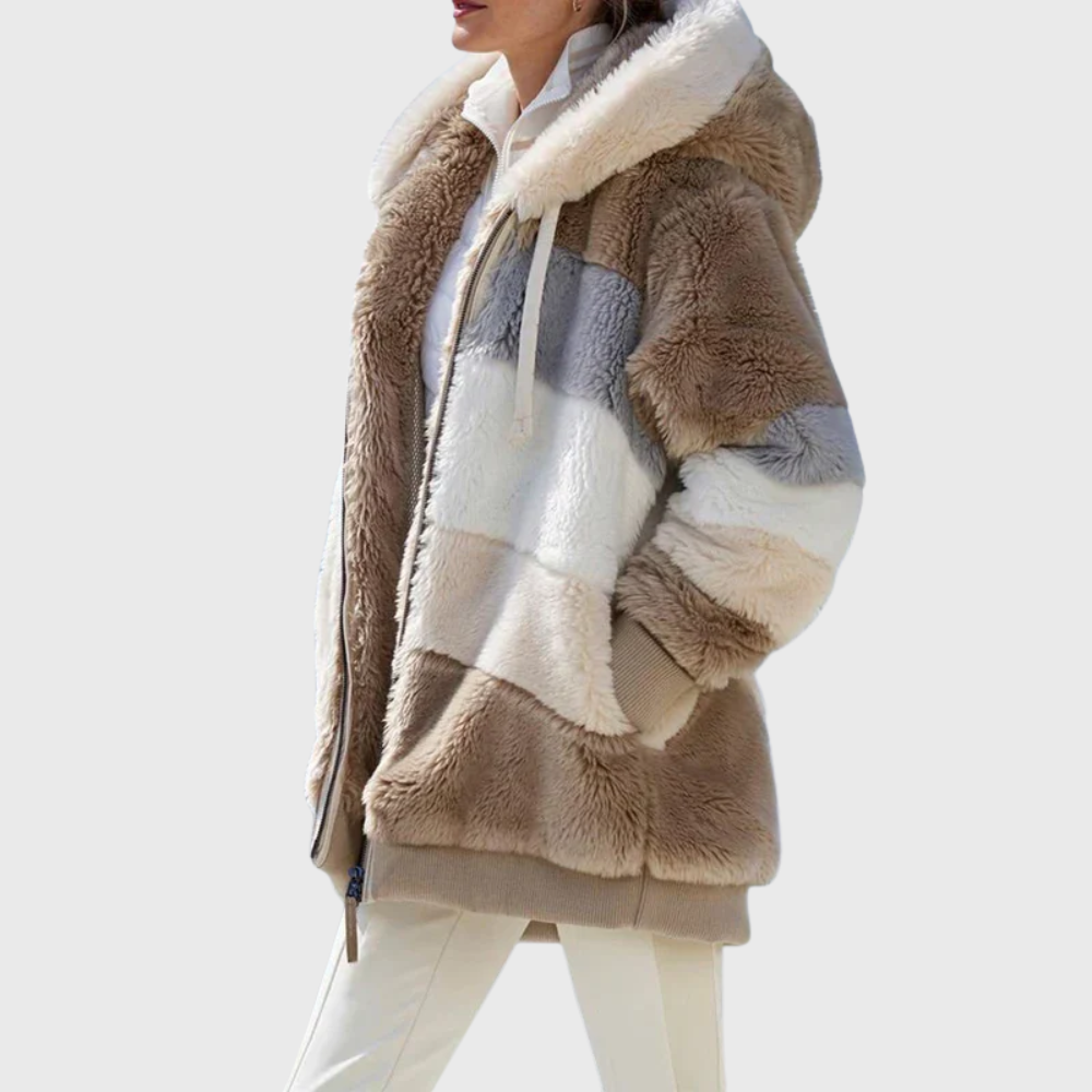 Women's Oversized Colourblock Teddy Fleece Jacket with Hood