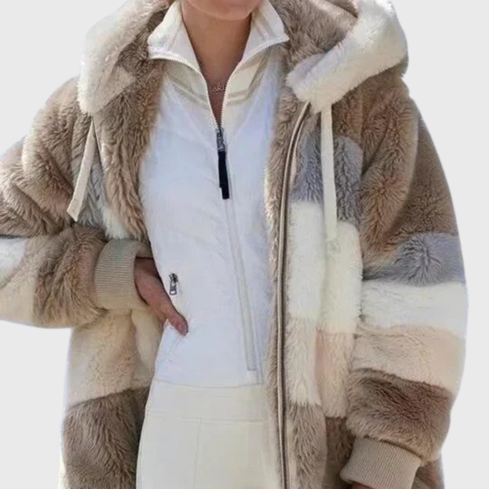 Women's Oversized Colourblock Teddy Fleece Jacket with Hood