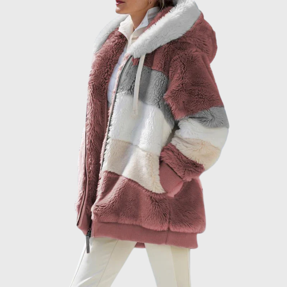 Women's Oversized Colourblock Teddy Fleece Jacket with Hood