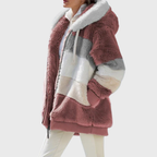 Women's Oversized Colourblock Teddy Fleece Jacket with Hood