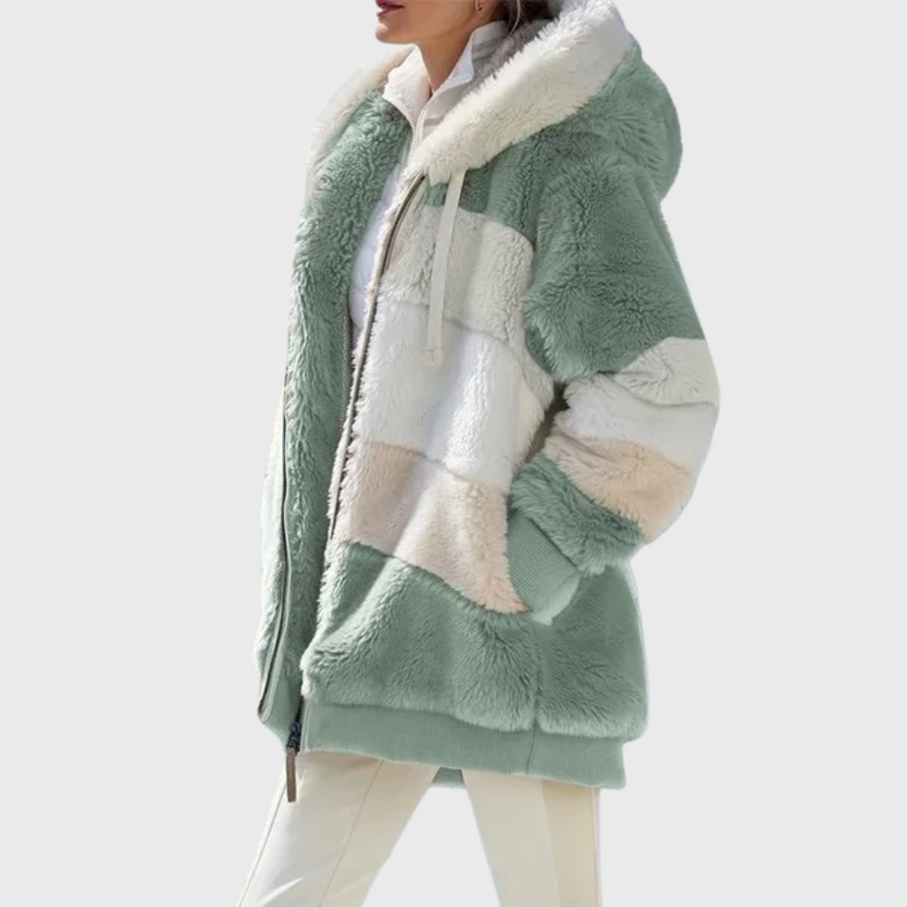 Women's Oversized Colourblock Teddy Fleece Jacket with Hood