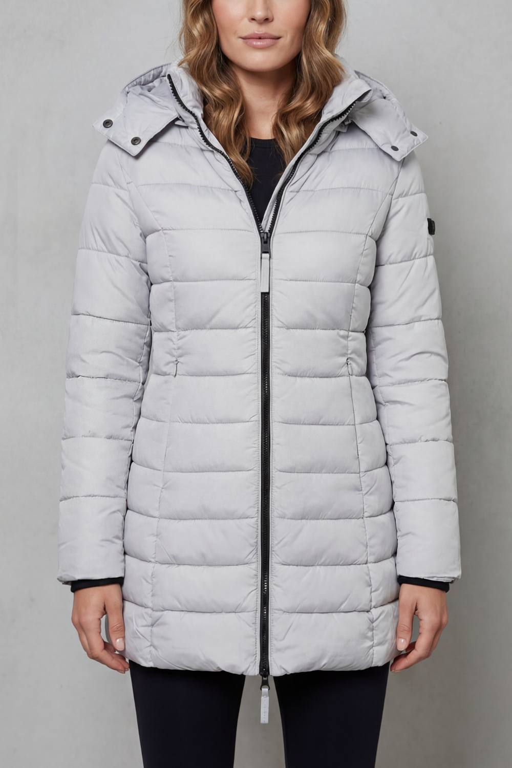 Women's Longline Quilted Puffer Jacket with Hood and Zip Front