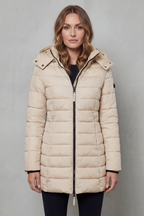 Women's Longline Quilted Puffer Jacket with Hood and Zip Front
