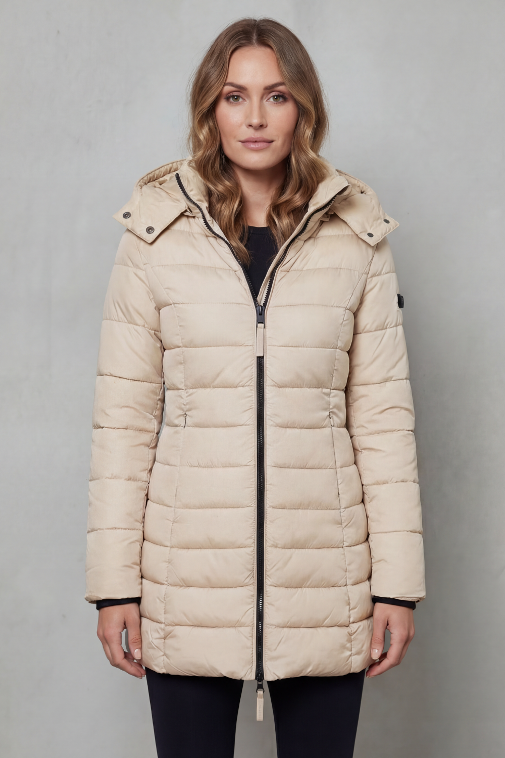 Women's Longline Quilted Puffer Jacket with Hood and Zip Front