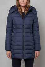 Women's Longline Quilted Puffer Jacket with Hood and Zip Front