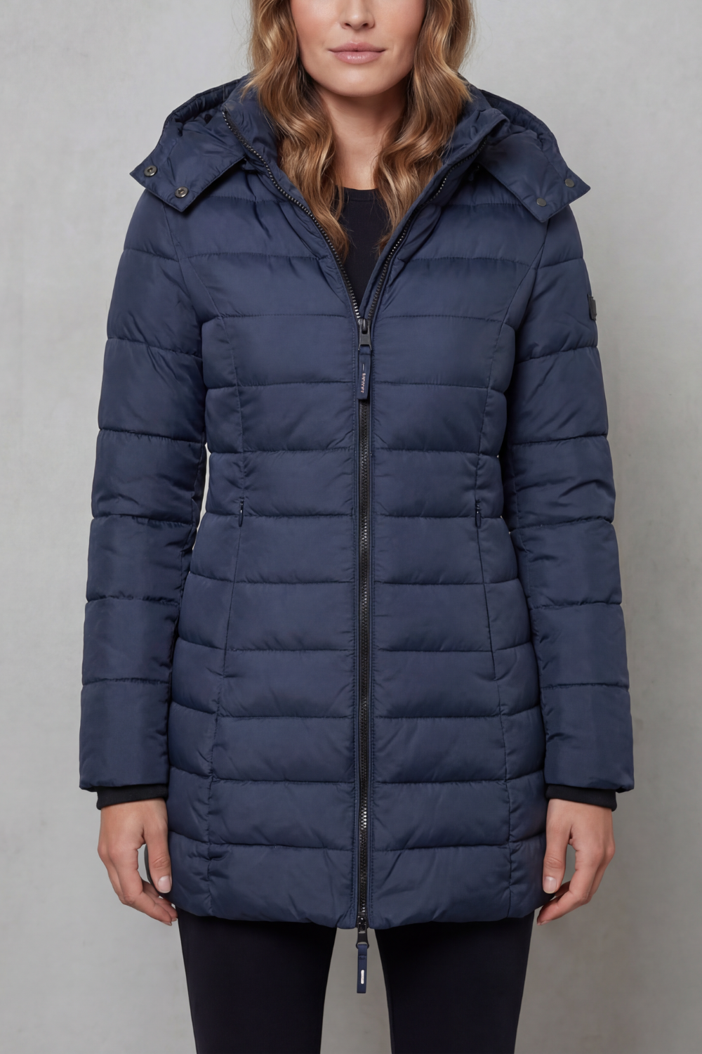 Women's Longline Quilted Puffer Jacket with Hood and Zip Front