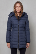 Women's Longline Quilted Puffer Jacket with Hood and Zip Front