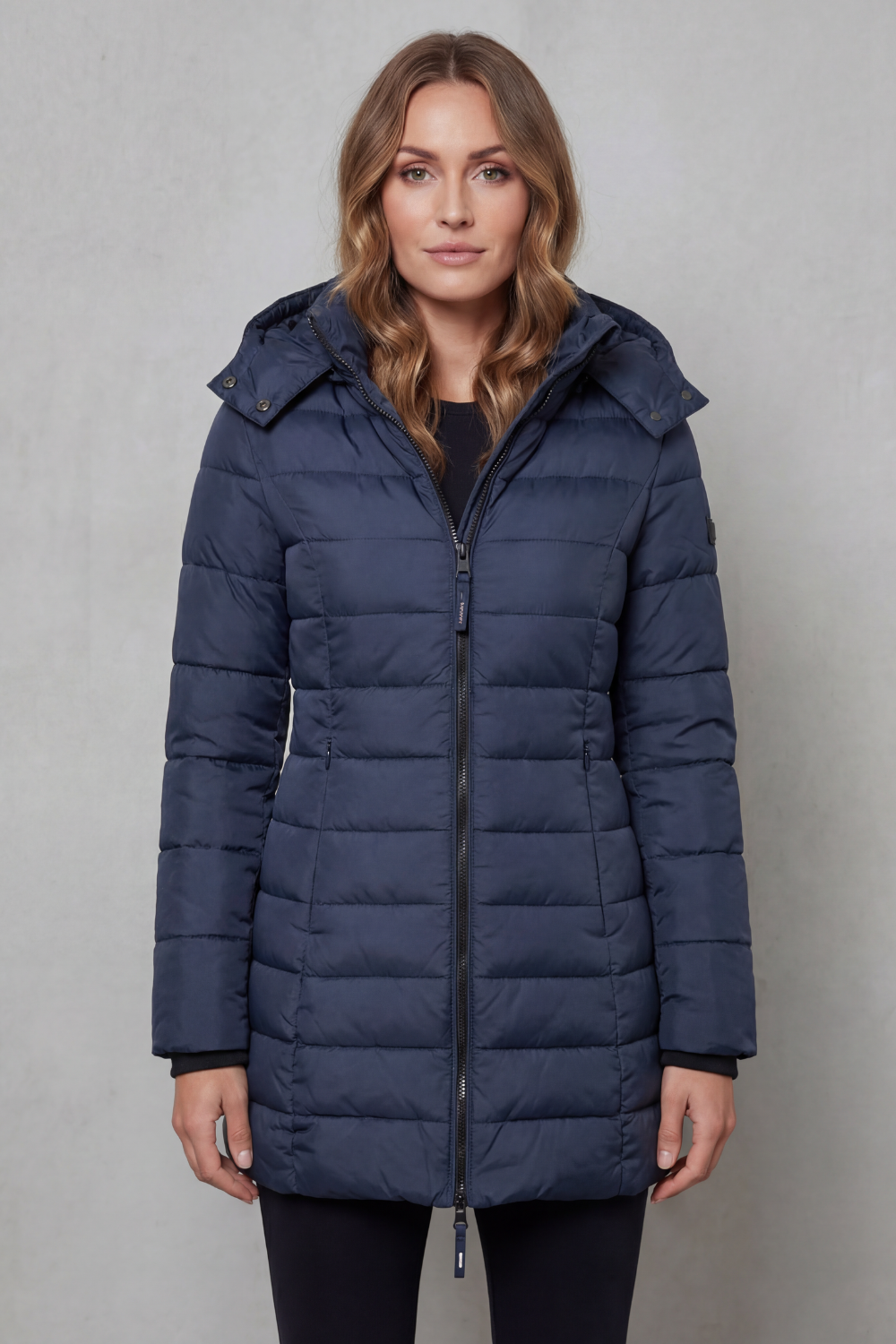 Women's Longline Quilted Puffer Jacket with Hood and Zip Front