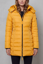 Women's Longline Quilted Puffer Jacket with Hood and Zip Front