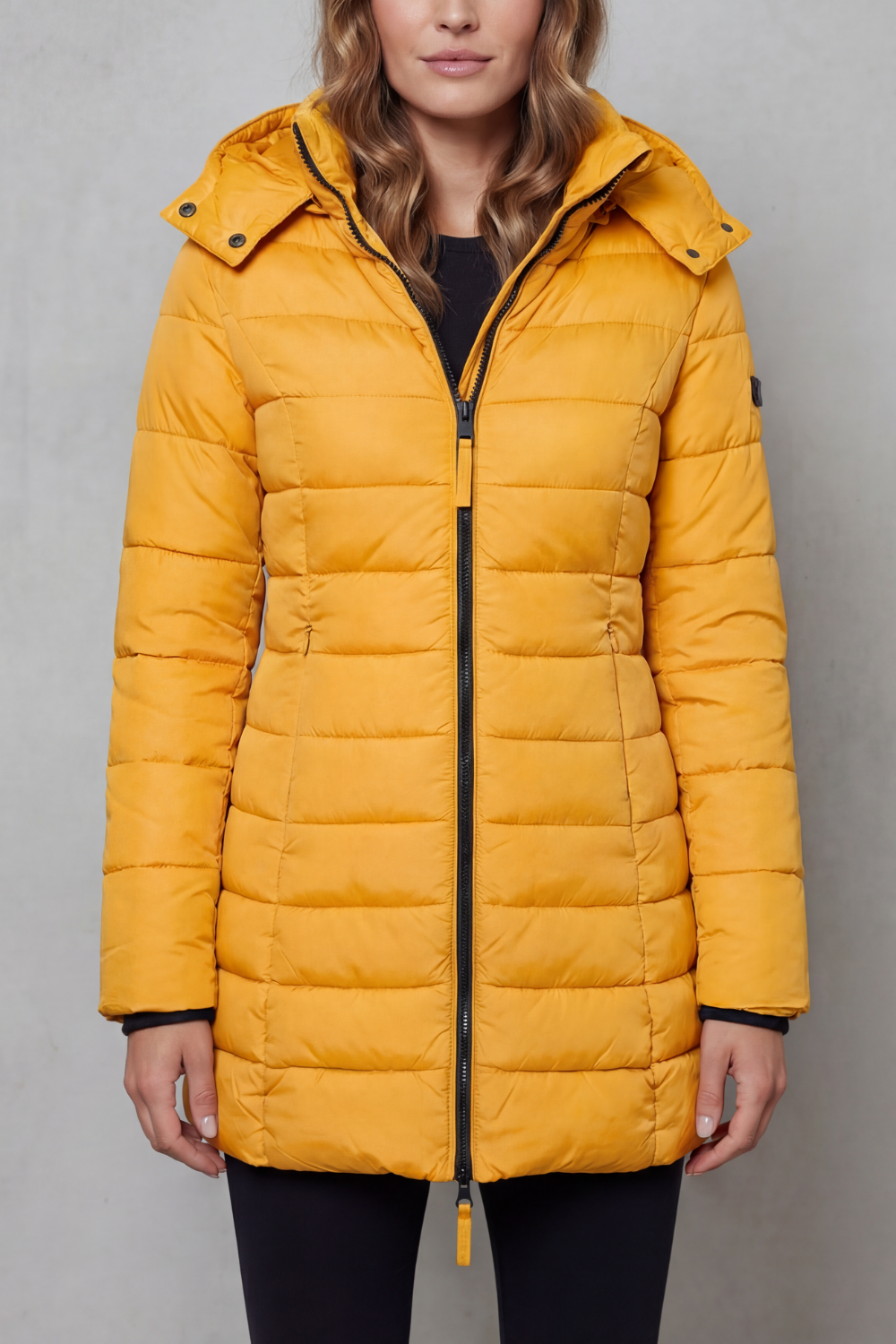 Women's Longline Quilted Puffer Jacket with Hood and Zip Front