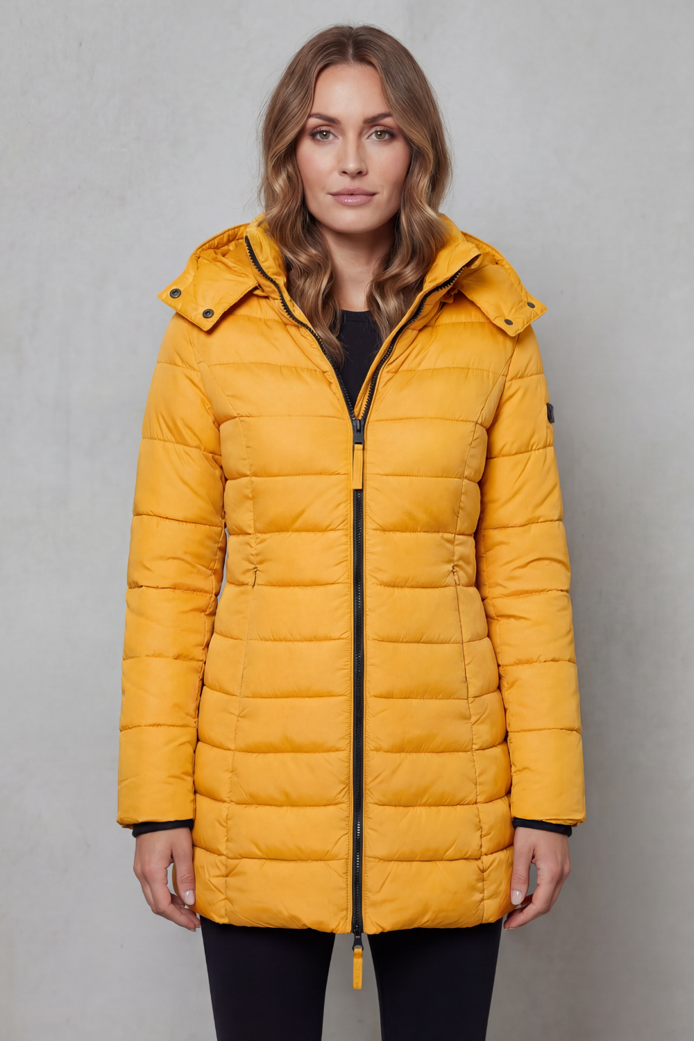 Women's Longline Quilted Puffer Jacket with Hood and Zip Front
