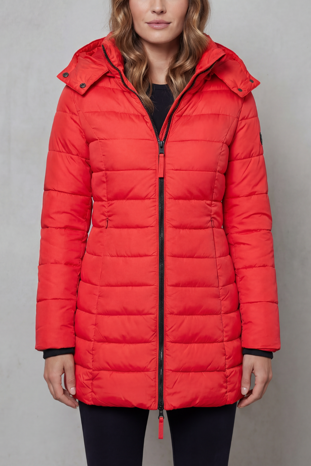 Women's Longline Quilted Puffer Jacket with Hood and Zip Front