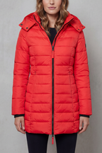 Women's Longline Quilted Puffer Jacket with Hood and Zip Front