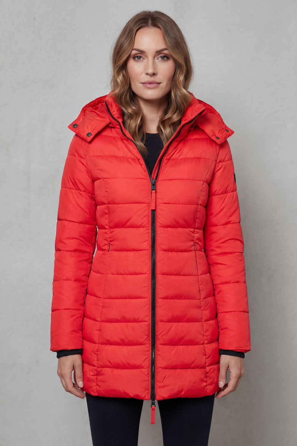 Women's Longline Quilted Puffer Jacket with Hood and Zip Front