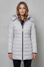 Women's Longline Quilted Puffer Jacket with Hood and Zip Front
