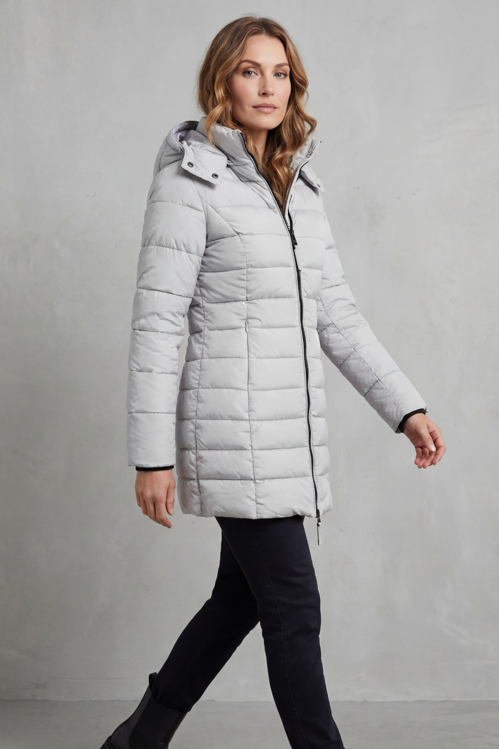 Women's Longline Quilted Puffer Jacket with Hood and Zip Front
