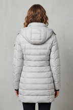 Women's Longline Quilted Puffer Jacket with Hood and Zip Front