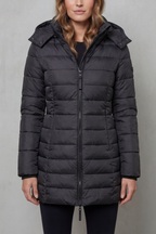 Women's Longline Quilted Puffer Jacket with Hood and Zip Front