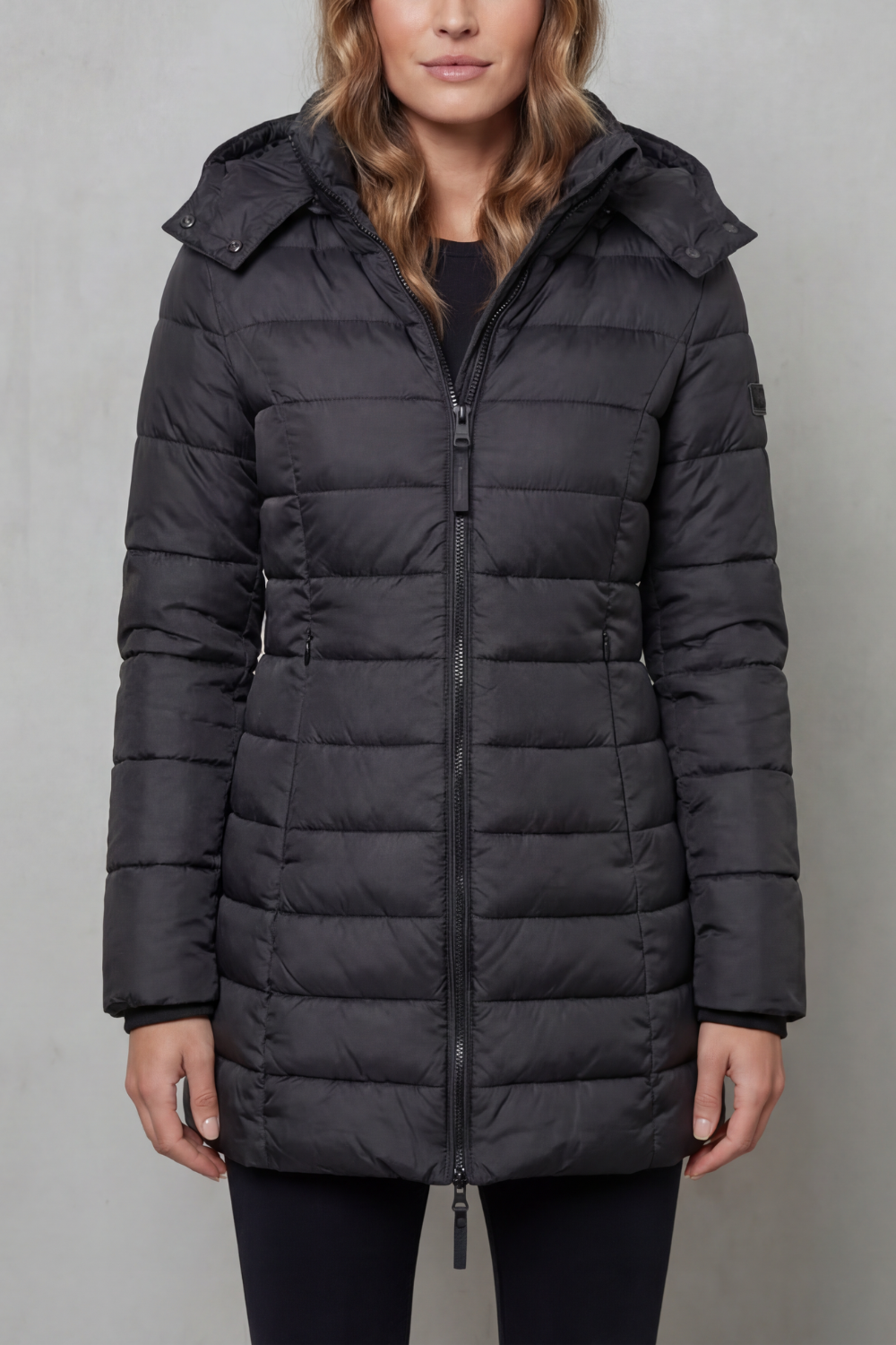 Women's Longline Quilted Puffer Jacket with Hood and Zip Front