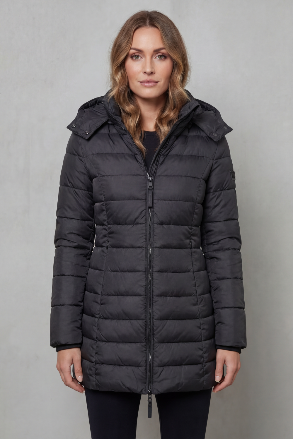Women's Longline Quilted Puffer Jacket with Hood and Zip Front
