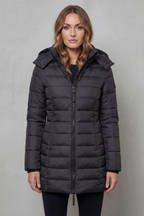 Women's Longline Quilted Puffer Jacket with Hood and Zip Front