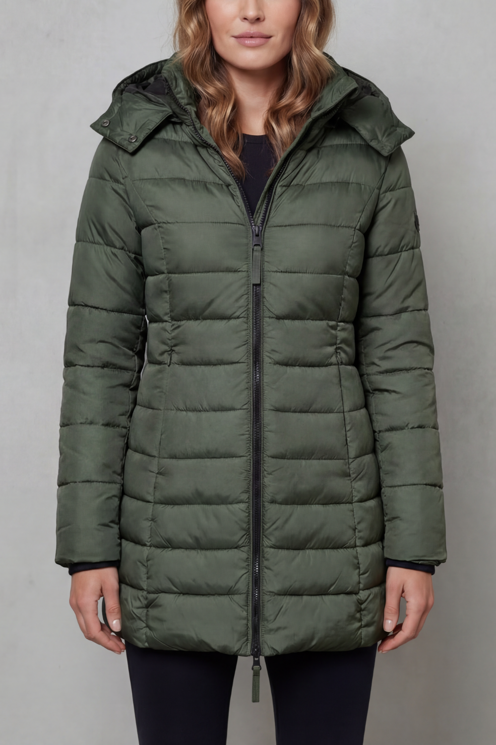 Women's Longline Quilted Puffer Jacket with Hood and Zip Front
