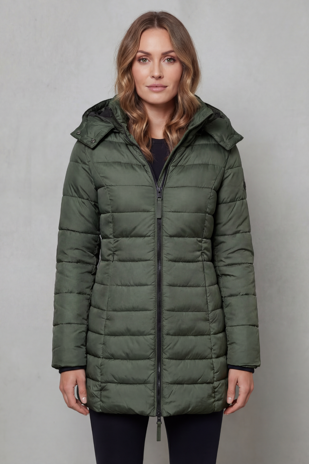 Women's Longline Quilted Puffer Jacket with Hood and Zip Front