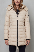 Women's Longline Quilted Puffer Jacket with Hood and Zip Front