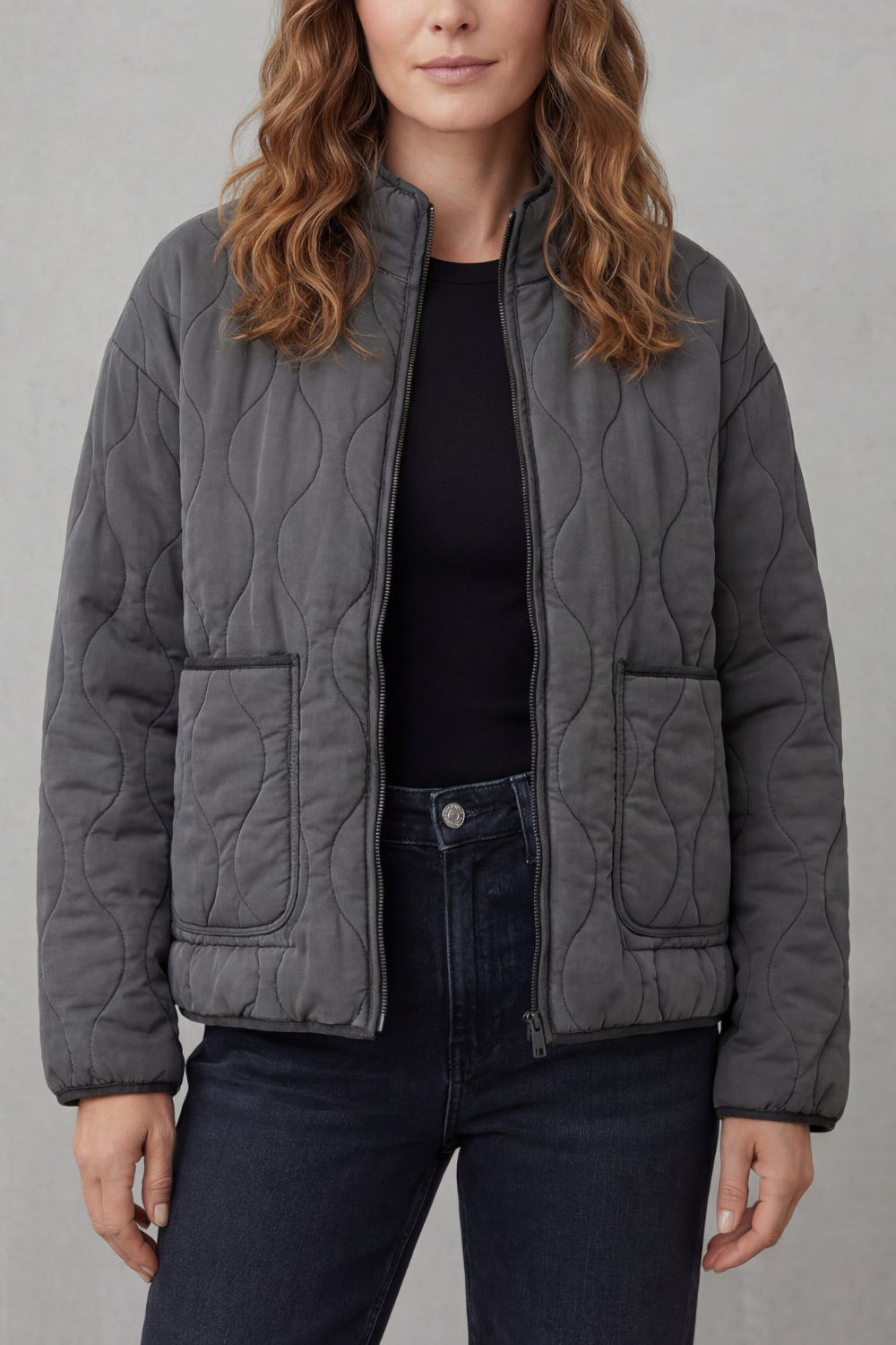 Women's Quilted Jacket with Stand Collar and Zip Front